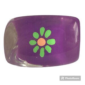 Vintage Lucite Acrylic Ring Size 7 Retro Daisy Flower Purple Pink Green Hippie